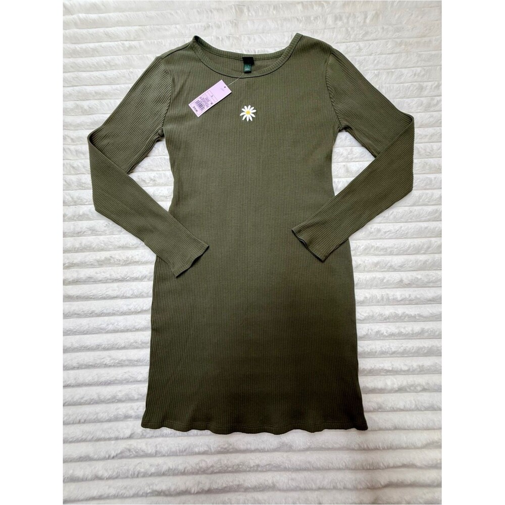 Wild Fable Olive Ribbed Long Sleeve Dress with Daisy Applique L